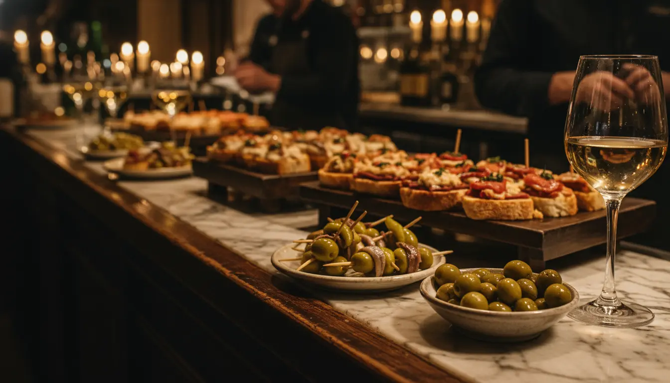 Gildas, olives, and white wine on a tapas bar counter