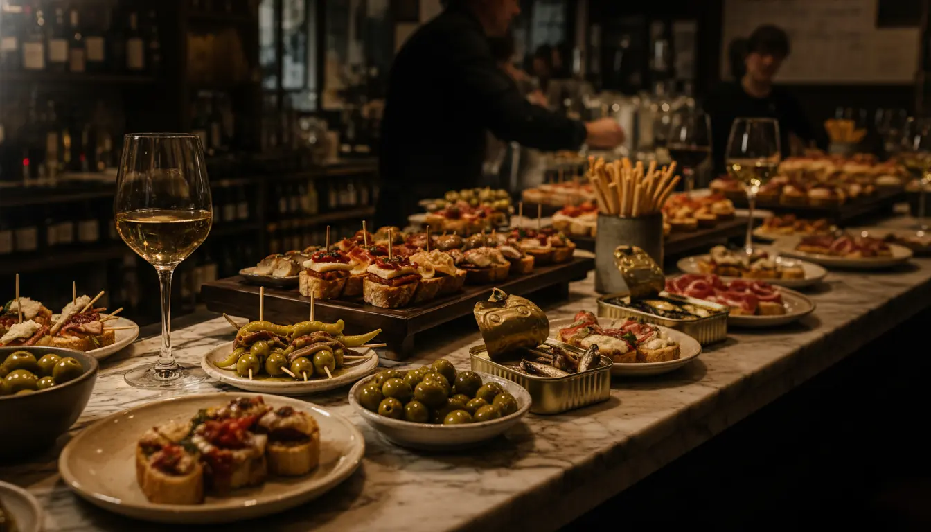 Aperitivo spread with conservas, cured meats, bread, and wine