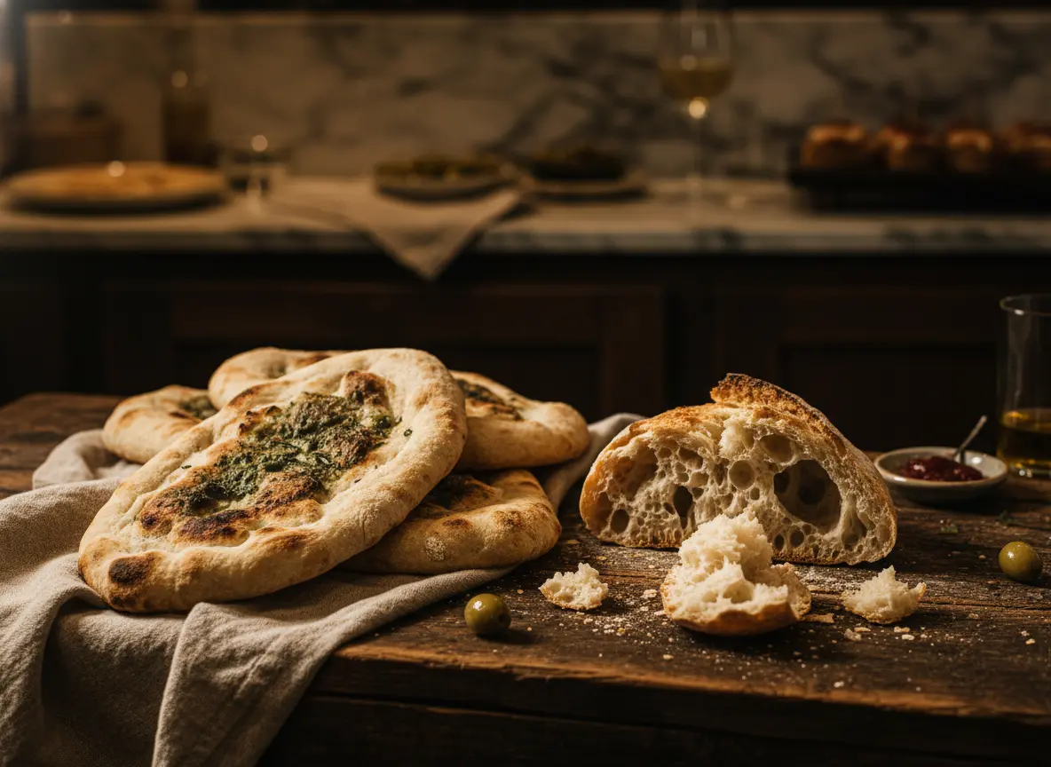 Freshly baked sourdough bread held in linen