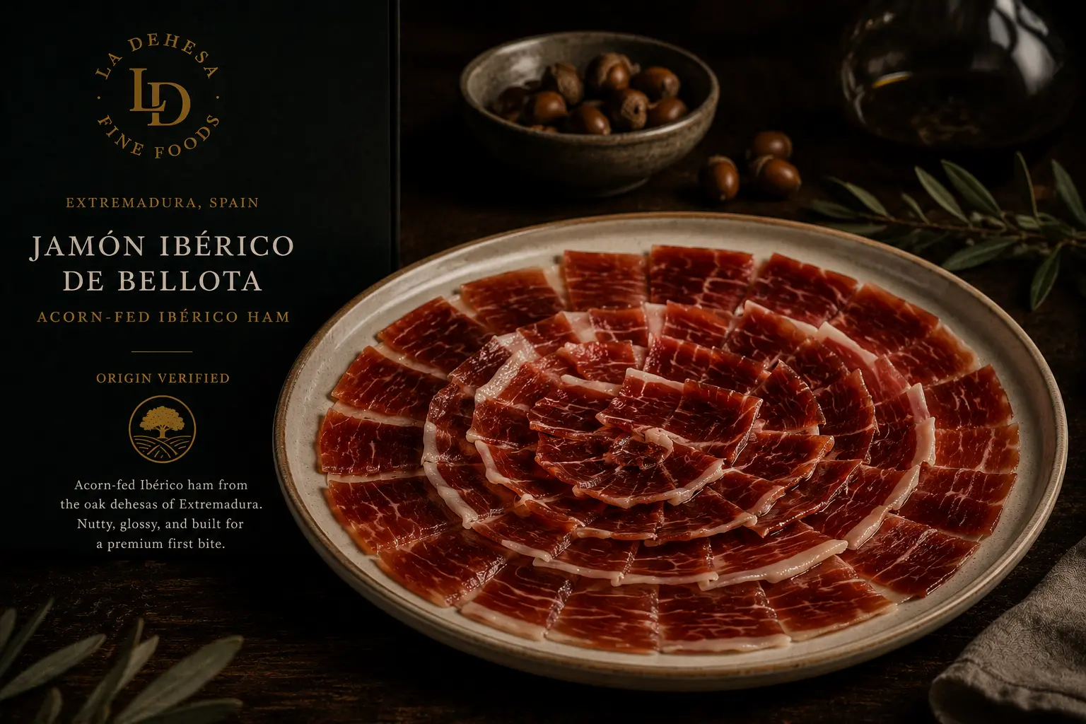 Sliced cured ham on a wooden board with a carving knife