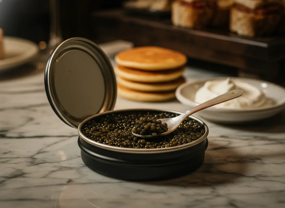 Black caviar in a tin being lifted with a tasting spoon