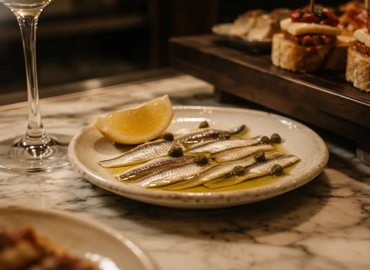 Silver anchovy fillets served on a white plate