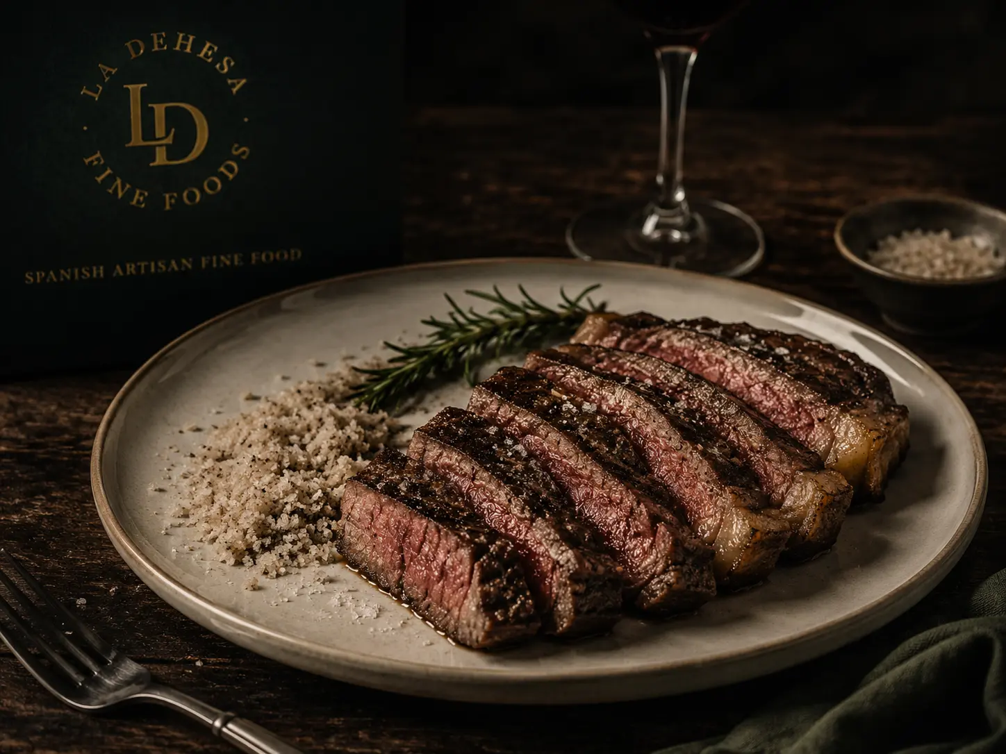 Raw ribeye steaks with herbs on a wooden cutting board