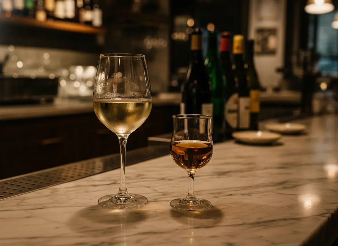 Wine glasses on a warm restaurant table