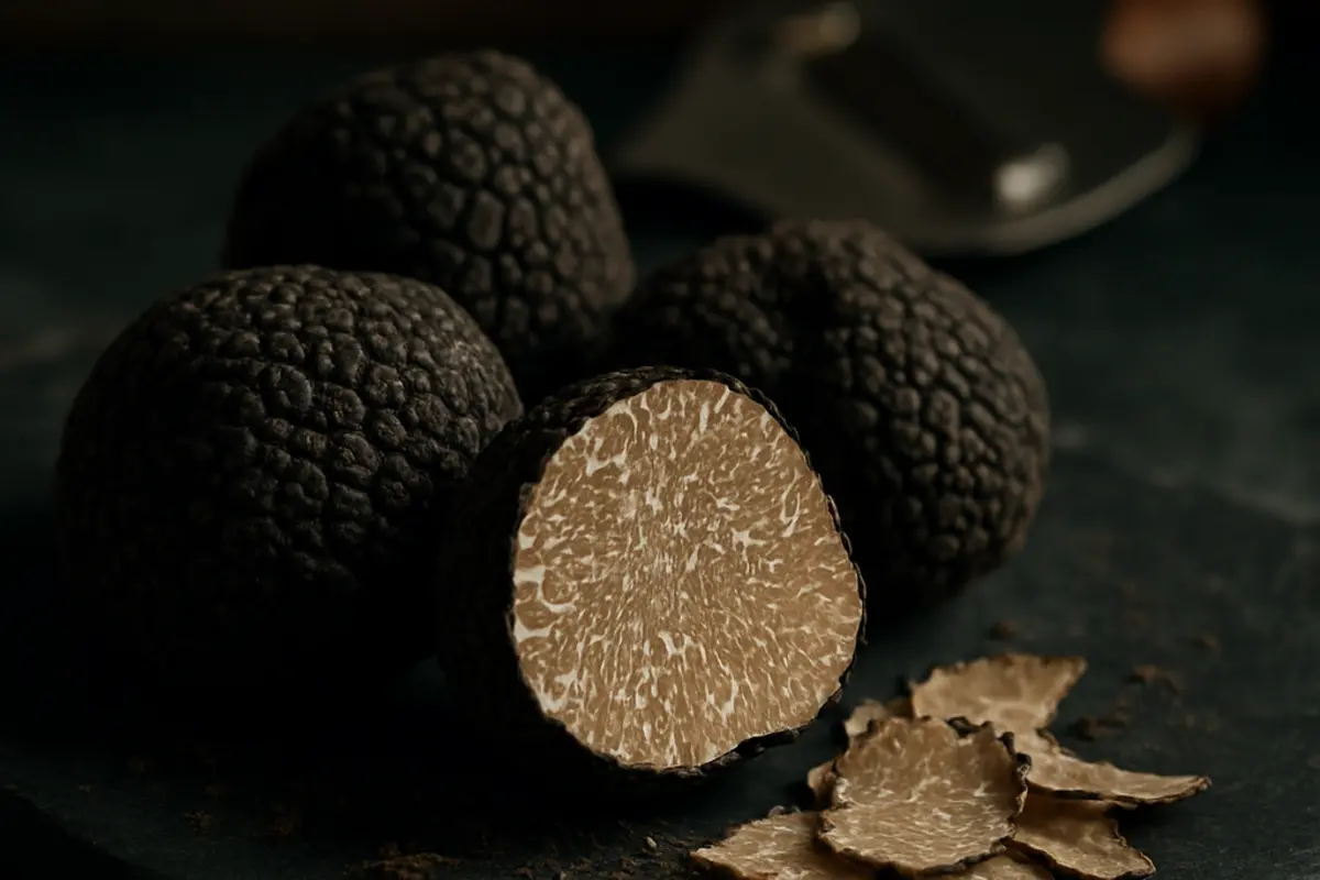 Whole black truffle with earthy texture on dark slate