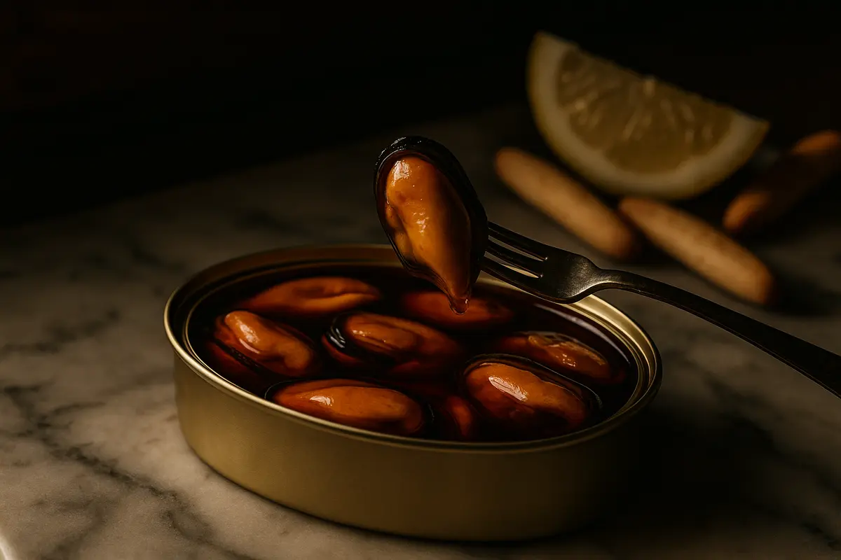 Close-up of mussels served in a dark pot