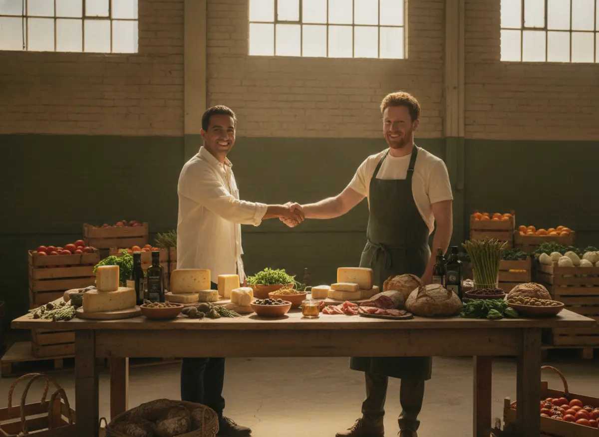 Two business partners shaking hands over a table laden with Spanish food products