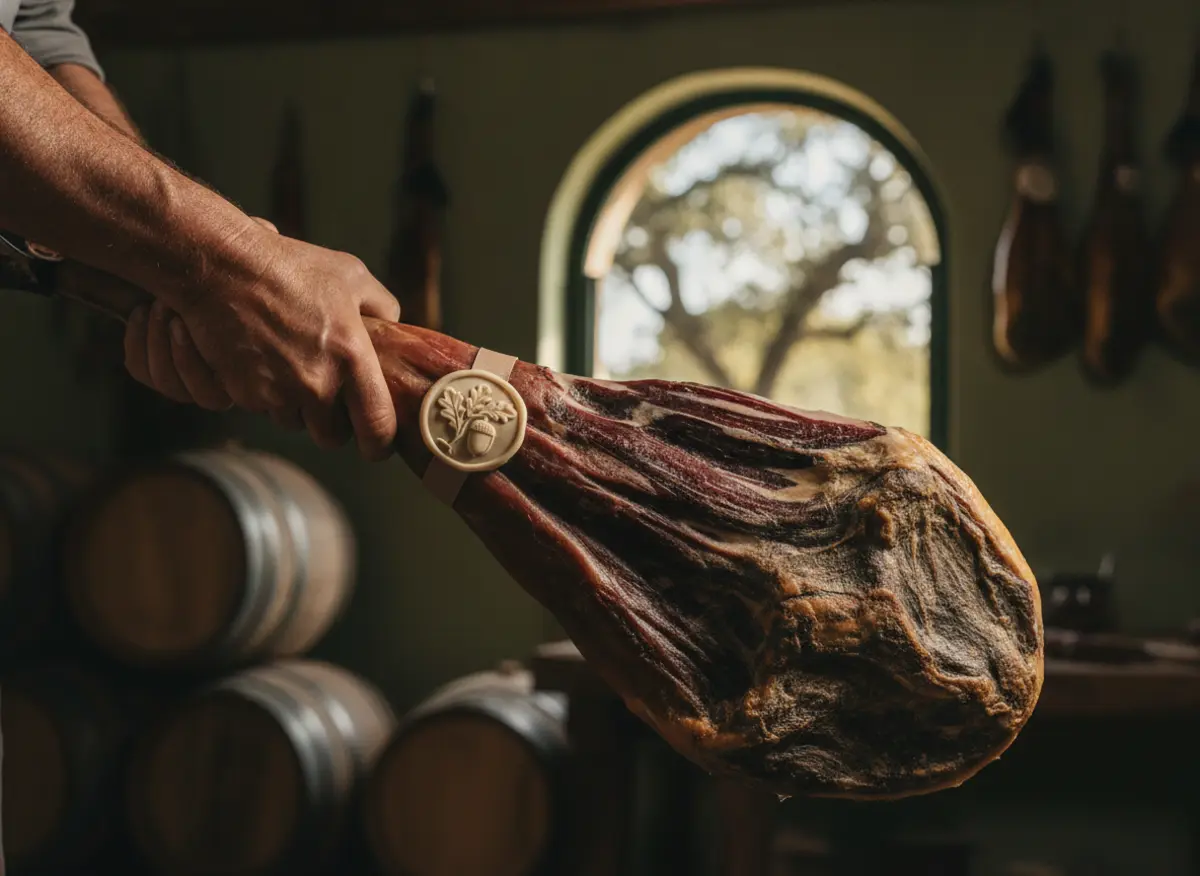Spanish artisan producer holding a whole Jamón Ibérico leg with origin seal